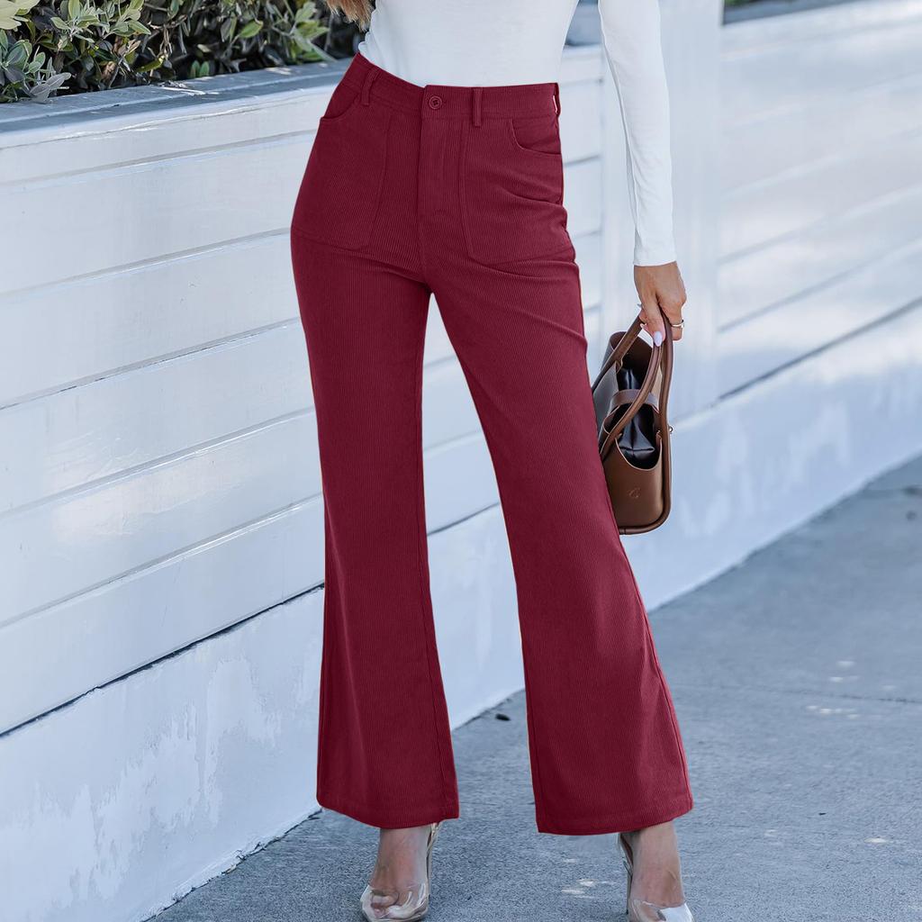 Corduroy Pants For Women Flare High Waisted Fall Winter Elastic Waist Stretchy Work Casual Trendy Wide Leg Pants