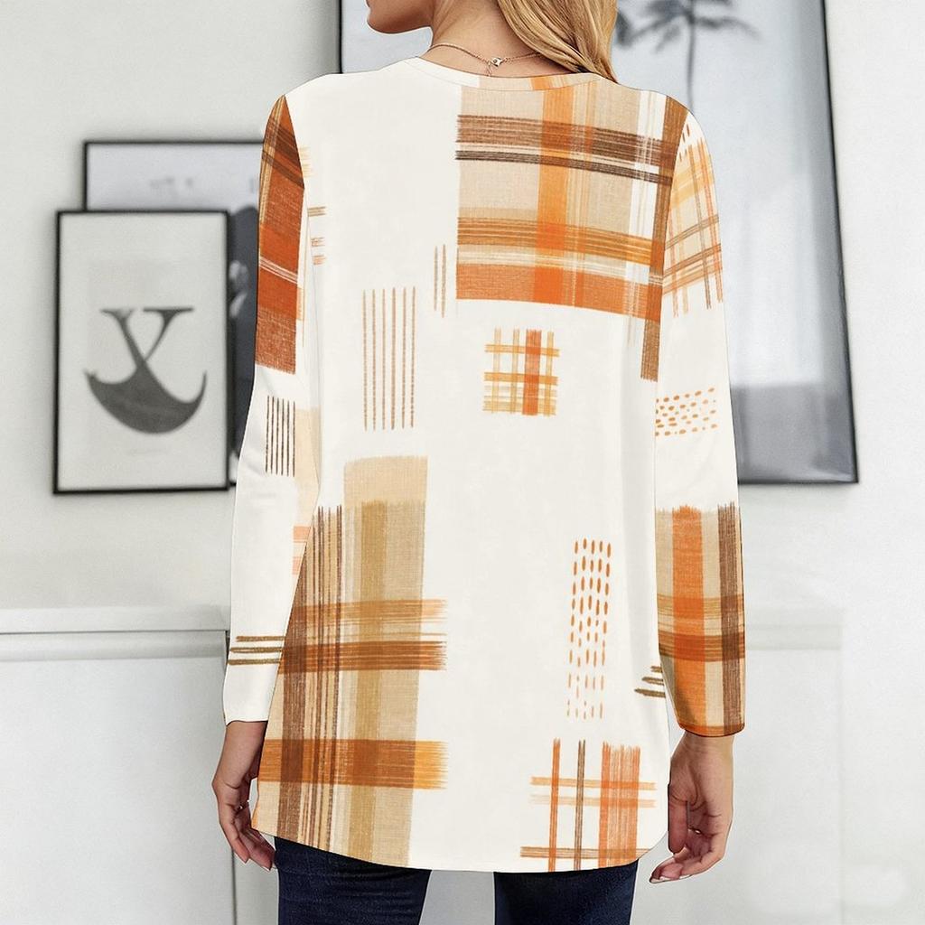 Women Plus Size Round Neck Long Sleeve Geometric Printed Loose Longline T Shirt With Pockets