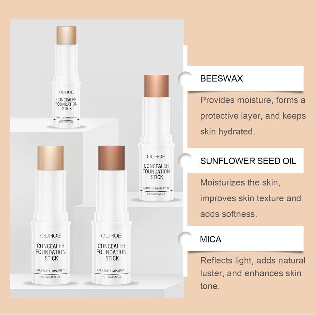 Ouhoe Waterproof Sweatproof Lightweight Concealer Foundation Stick Ivory Brown Wheat Natural Shades