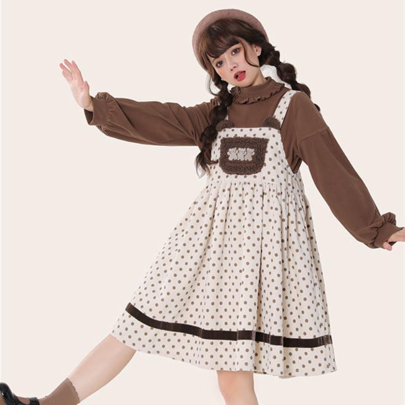 Rochie vintage Kawaii Lolita femei iarna japonez dulce urs broderie pluș buzunar velur cu bretele rochie midi fată moale