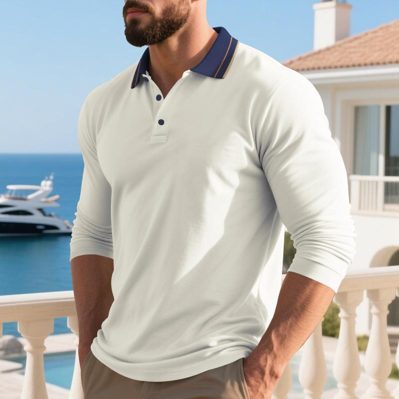 American Style Mens Turn Down Collar Color Block Long Sleeve Casual Polo Shirt