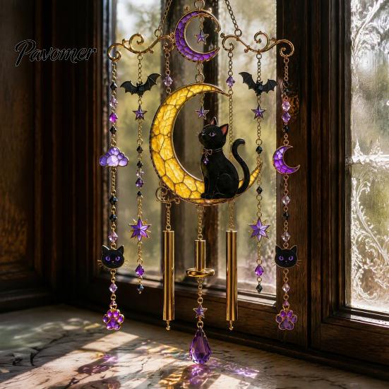 Unique Halloween Gifts for Friends Stained Glass Style Wind Chime, Acrylic Suncatcher Hanging Ornament with Ghost Black Cat Artistic Window