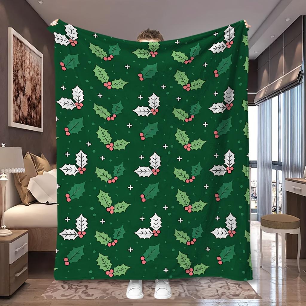 1pc Dark Green Holly Berry Winter Holiday Print Flannel Blanket, Portable and Skin-friendly, Suitable for Blankets, Kid Bed Covers, Living Room Sofa,