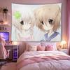 Retro Y2K Moe Kemonomimi Girls Tapestry, Best Friends Cat Ears Clover Pastel Blue Anime Wall Hanging Otaku Bedroom Dorm Decor