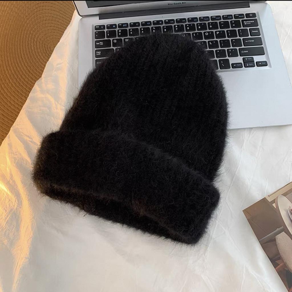 Rabbit Fur Hat Women's Winter Warm Wool Hat Big Head Circumference White Plush Knitted Hat Autumn and Winter Ear Protection Cold Hat