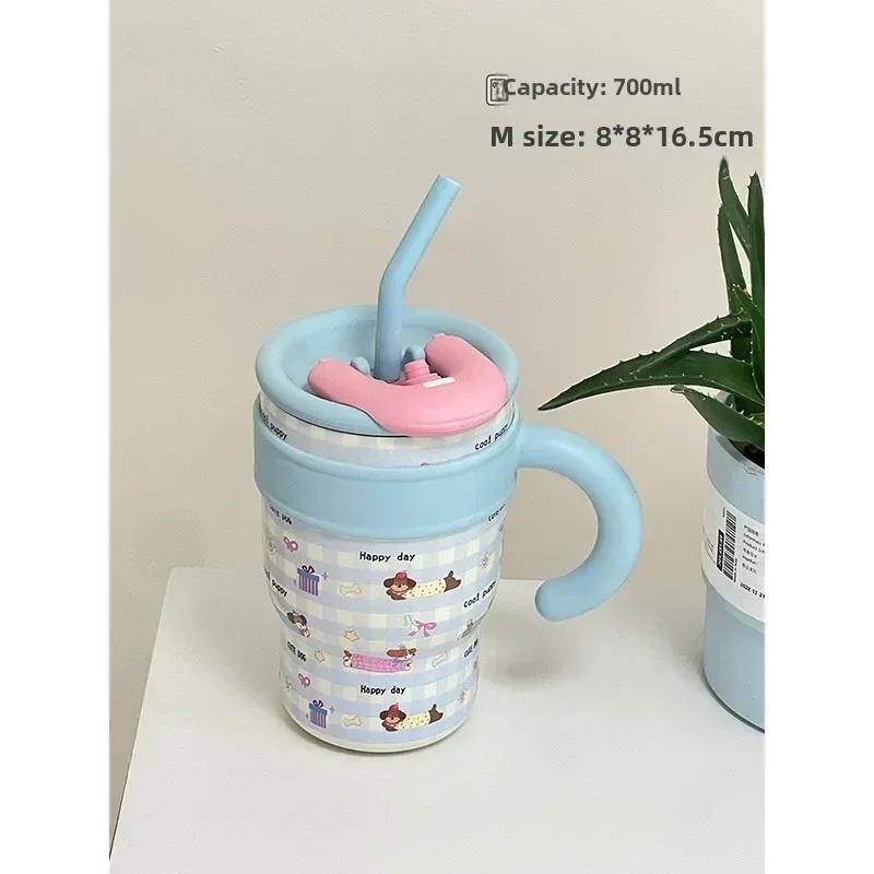 

700/1200 мл Милые бутылки для воды Большой вместимости Бутылка-термос с соломинкой 700 мл Чашка для кофе Подарок на день рождения Дорожные кружки с ручкой 700ml