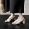 Krazing Pot Straw Weaving Handmade Summer Size 40 High Quality Slip on French Chic Chunky Heels Women Peep Toe Sandals