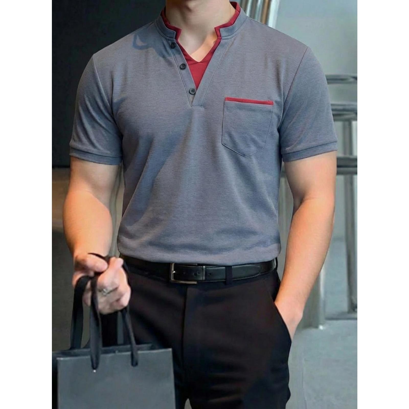 Men s Fashion Trendy Casual Daily Patchwork -look V-neck Short-sleeve Shirt XXXL