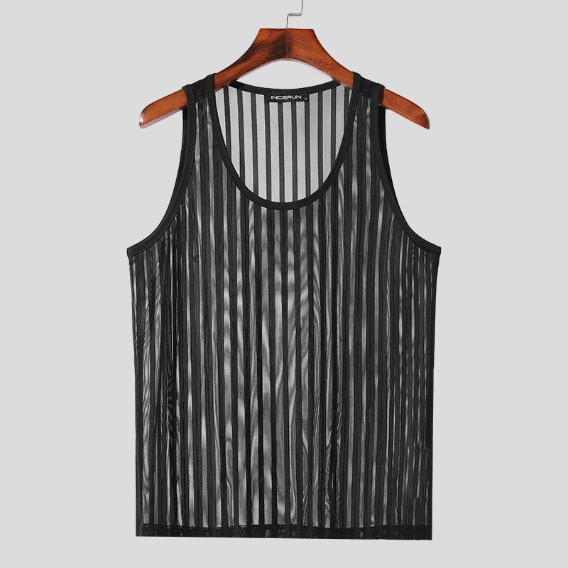 

INCERUN Мужские прозрачные майки без рукавов с сетчатым принтом в полоску XL чёрный