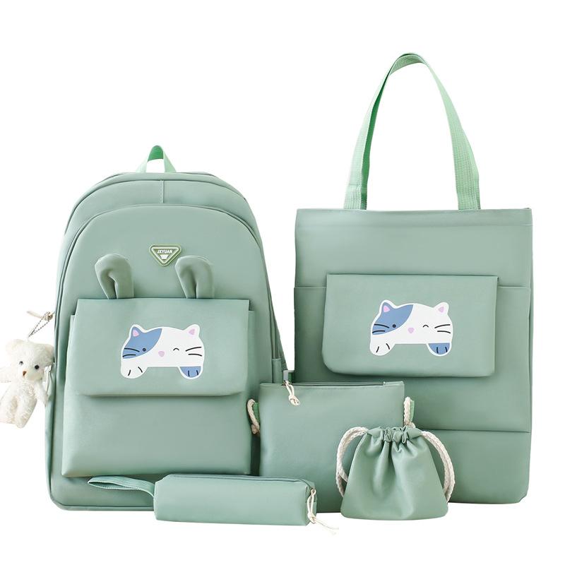 

New five-piece backpack fashion trend casual style simple student bag large capacity backpack with pendant зелений