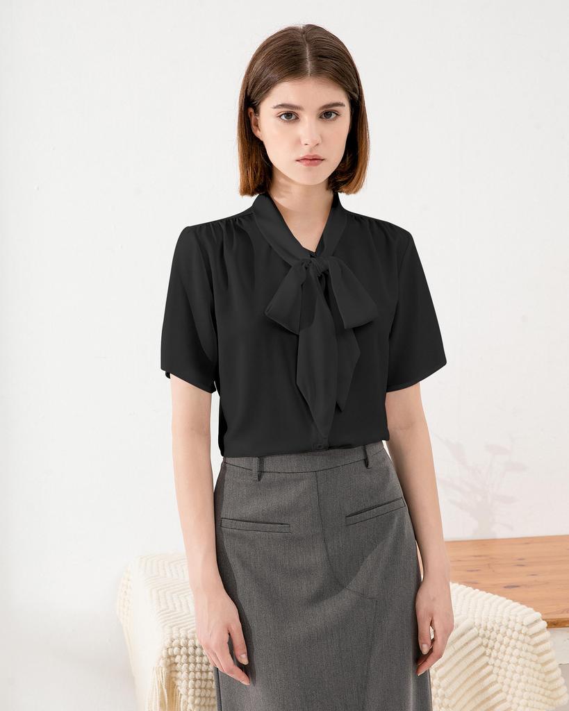 Bowtie Short Chiffon Ribbon Office Large M [SPRING SEAON] Shirt, Sleeve, Blouse, Top, Spring, Summer, Suit, Innerwear, Casual, Stylish, Size, Elegant,