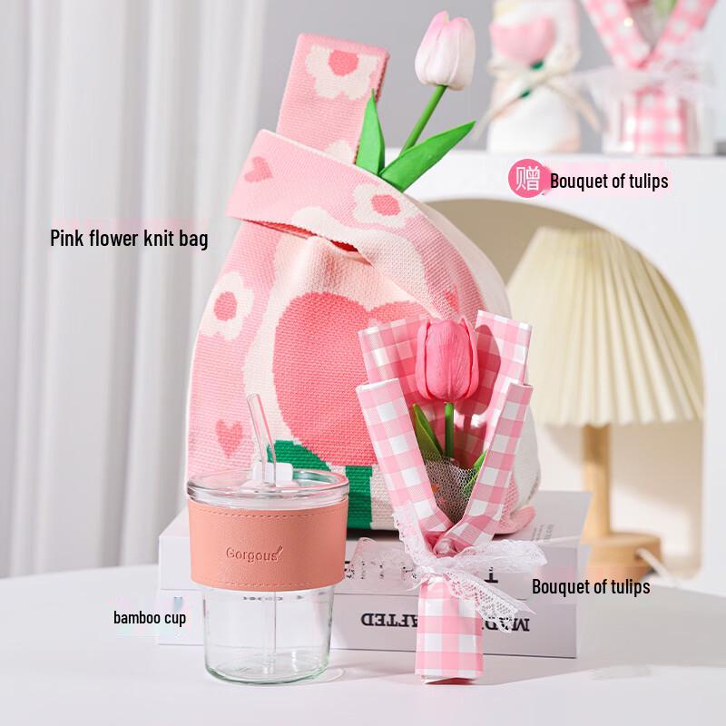 Bamboo Knot Glass Cup & Flower Bouquet Gift Set