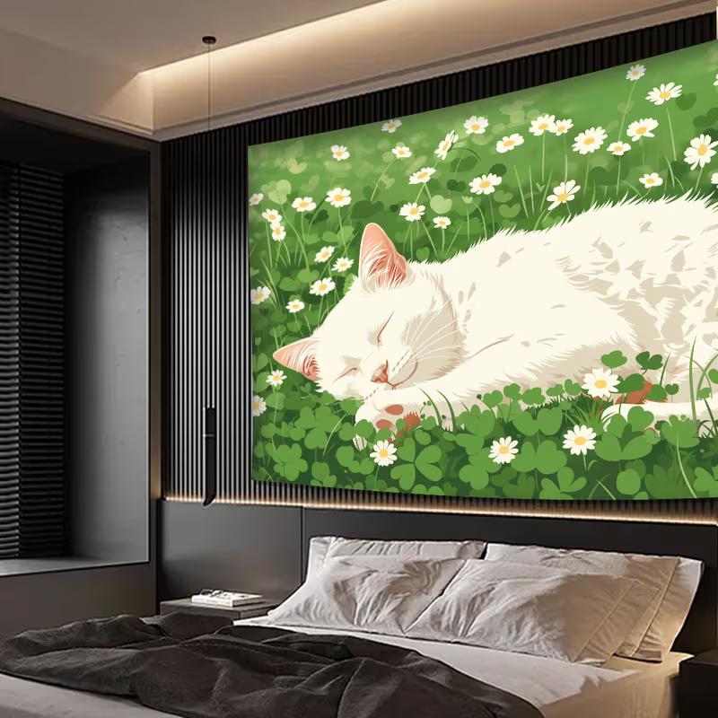 2D Adorable Sleeping Cat in Flower Garden Tapestry Green Grassland Art Wall Decor Cloth for Home & Bedroom
