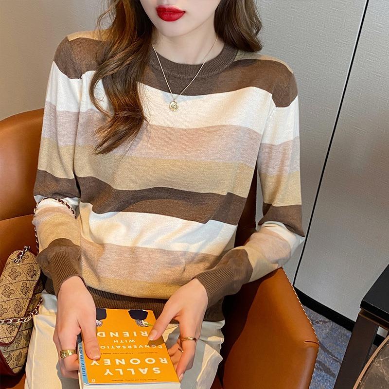 Striped Bottoming Shirt Women's Autumn and Winter Thin Inner with New Loose Sweater Knitted Sweater Long Sleeve Early Autumn Top