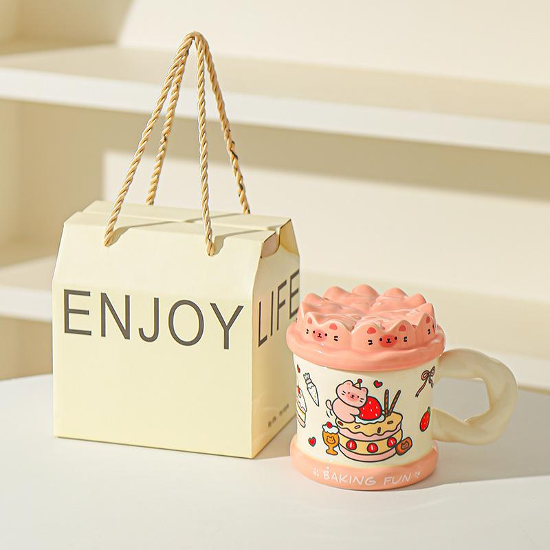 Hand drawn Birthday Cake Cute Cat Mug Office High Looking Girl Water Cup with Lid Home Couple Ceramic Cup