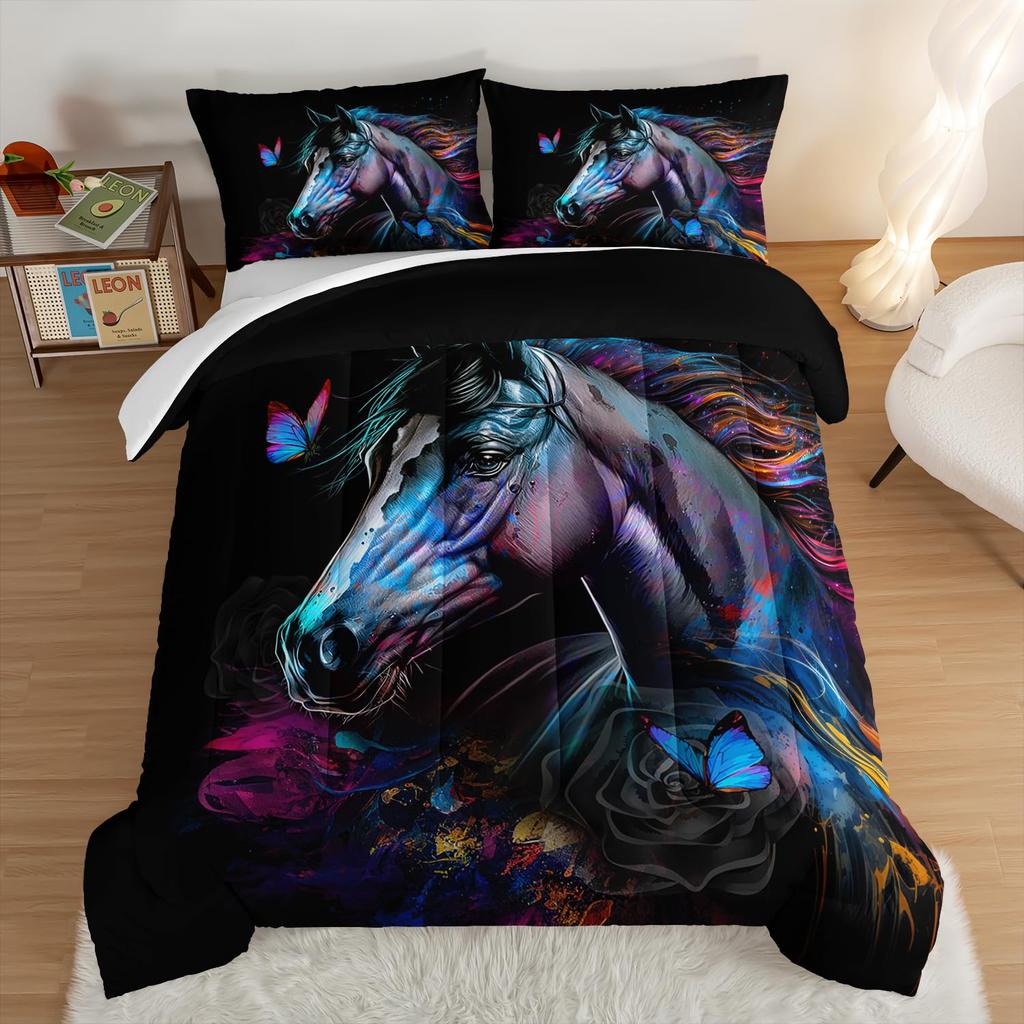 Comforter Horse Queen Size Wild Animals Bedding Set For Kids Girls Teens Dreamy Natural Flowers Plants Decor Comforter