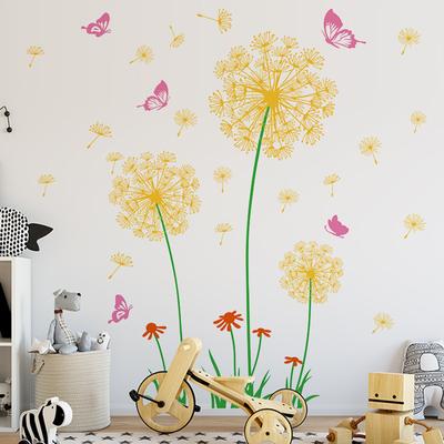 Adhesivo de pared de diente de león amarillo, mariposa de PVC, arte extraíble, vinilo DIY, calcomanías de pared impermeables, murales, decoración de la habitación del hogar