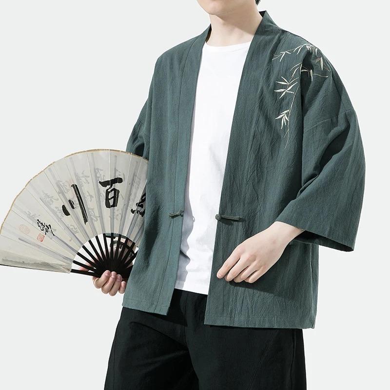 Summer Men's Cardigan Japanese Kimono Samurai Costume Clothing Bamboo Embroidered Kimono Shirt Yukata Haori Casual Coat