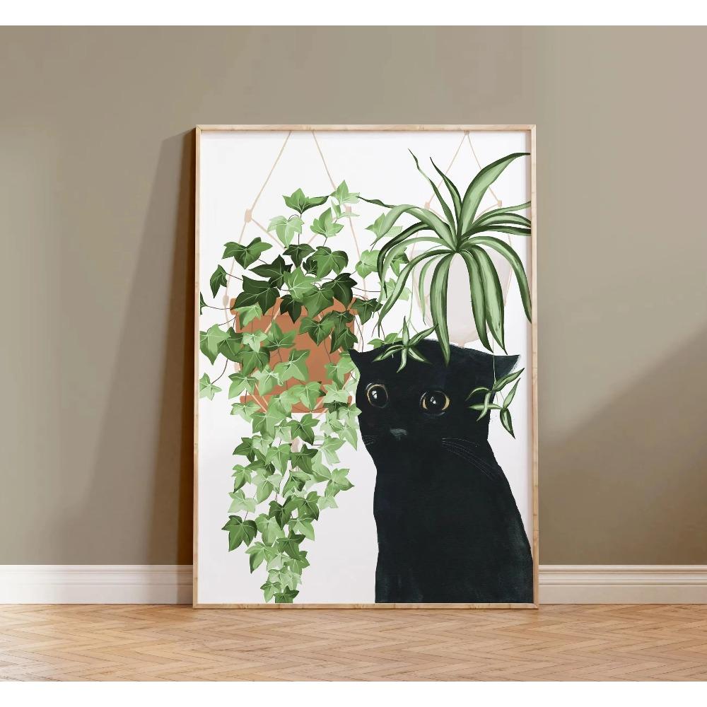 Watercolor Cute Kittens Potted Plant Canvas Print Cartoon Green Plants Animals Wall Art Postes for Modern Living Room Home Decor