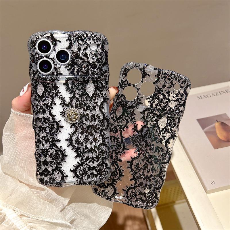 Schwarze Spitze Halbtransparent Doppellagige Handyhülle für iPhone 17/16 Pro Max/14/15