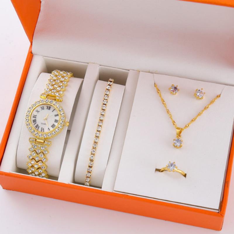 5Pcsset New Popular High-End Fashion Diamond-Encrusted Women S Watch Small Fresh Retro Simple Watch Women S Bracelet Set bulk price