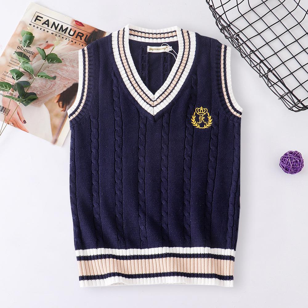 Auf Lager Britischer Stil JK Bestickte V-Ausschnitt Schuluniform Strickweste für Mädchen – 2 Farben.