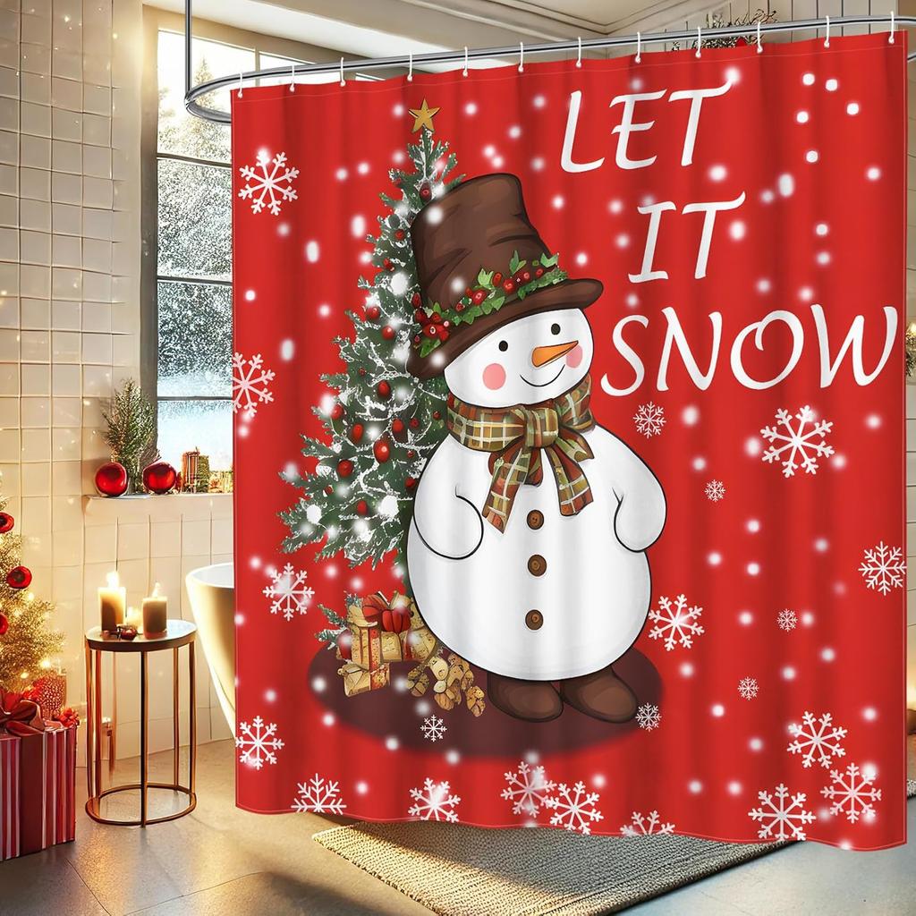 Cute Snowman Farmhouse Christmas Shower Curtain with Red Winter Xmas Theme Pattern, Waterproof Fabric Bathroom Decor for Holiday