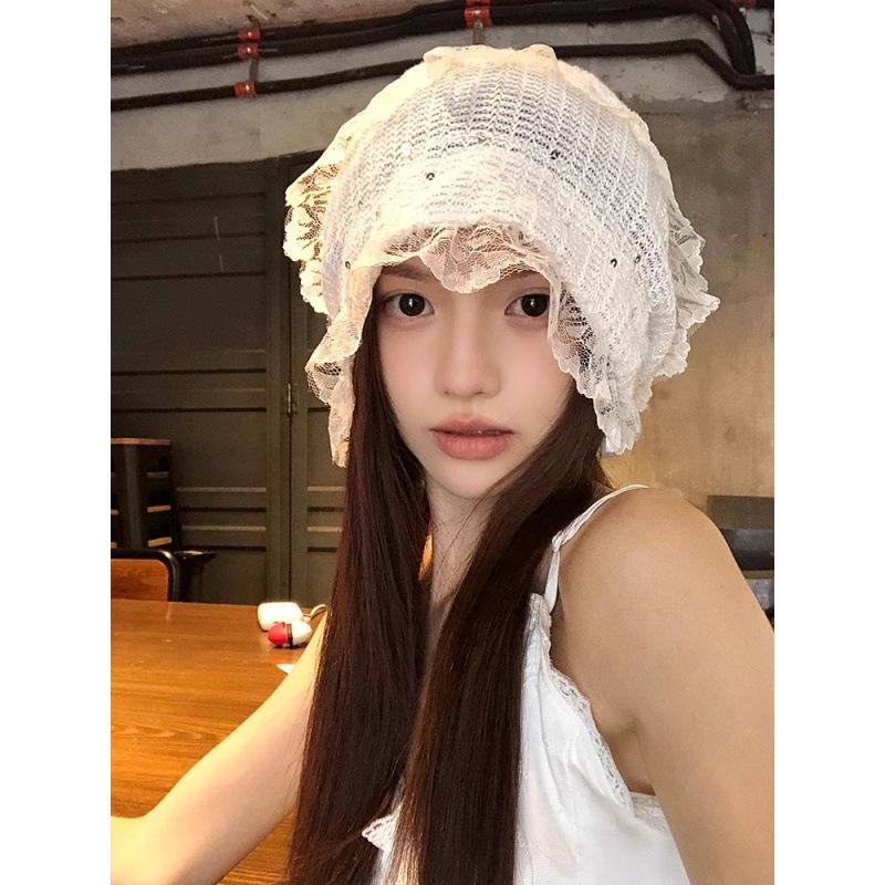 Korean Style Lace Hollow Toe Cap, Female, Spring and Summer, Cute and Versatile, White, Breathable Thin Design, Big Head Circumference, Hat
