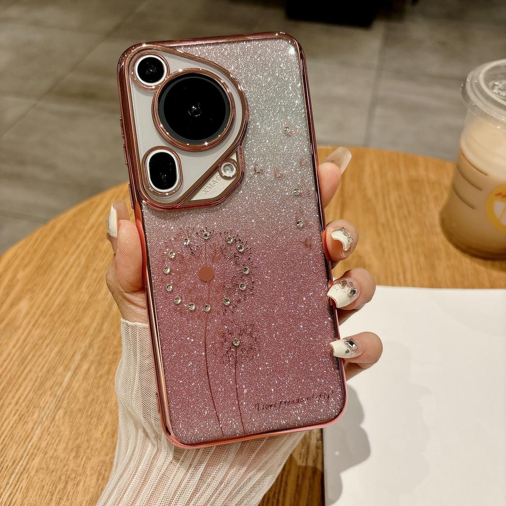 Capa de Celular Huawei Pura70ultra com Pontos de Dente-de-leão Galvanizados e Diamantes, Adequada para HONOR 80 Gradiente Brilhante Mate60