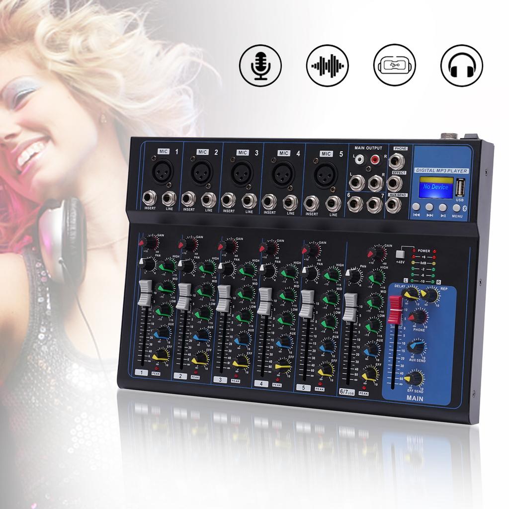 7 Channel Bluetooth Mixer Audio,Professional Portable Digital DJ Mixer w/USB Audio Interface-Mixing Boards For Studio