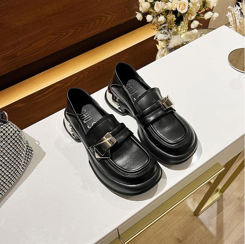 

New Mary Jane fashion round head thick-soled muffin metal buckle versatile leather heightening loafer single shoes women s shoes 40