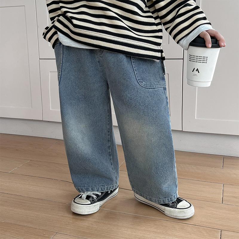 Spring and Autumn Children's Pocket Wide Leg Jeans Contrast Loose Relaxed Pants for Boys and Girls Jeans Baby Kids Trousers