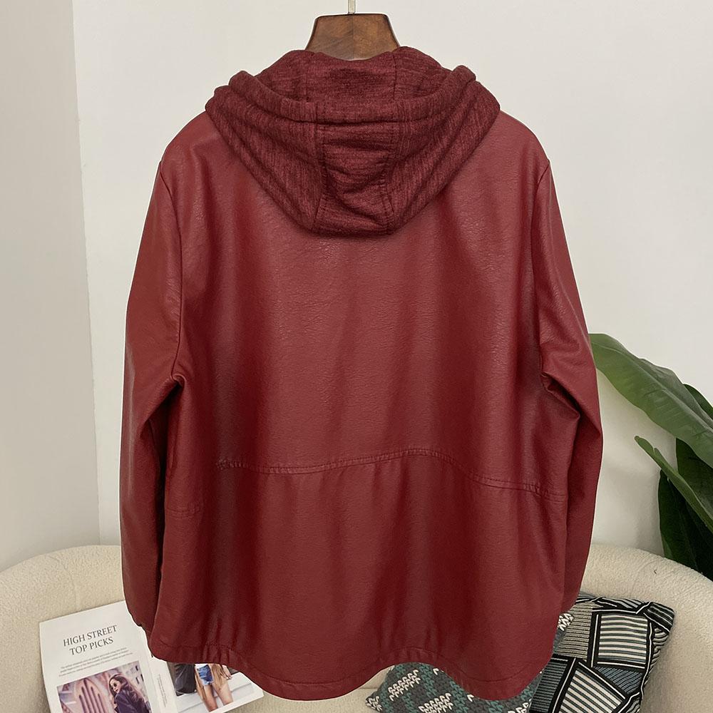 OFTBUY Femmes À Capuche Vintage Ample PU Faux Cuir Chapeau Veste Courte Décontractée Veste de Moto Féminine Zippée Rétro Moto Biker Manteau Vêtements d'Extérieur Hauts