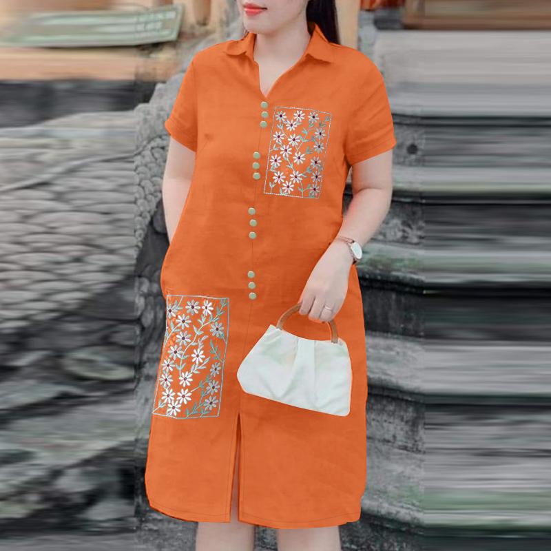 

ZANZEA Женское повседневное летнее платье с коротким рукавом и цветочной вышивкой 5XL оранжевый