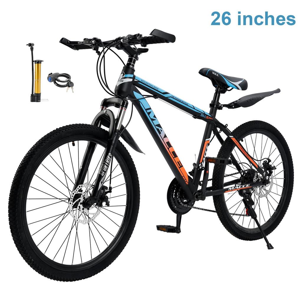 26" Spoke Wheel 24 Speed Mountain Bicycle Adult Bike MTB W/ Fender Blue+Orange