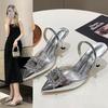 Brand Designer Silver High Heels Sandals Women 2025 Summer Crystal Square Buckle Sandals Woman Pointed Toe Slingbacks Party Shoe