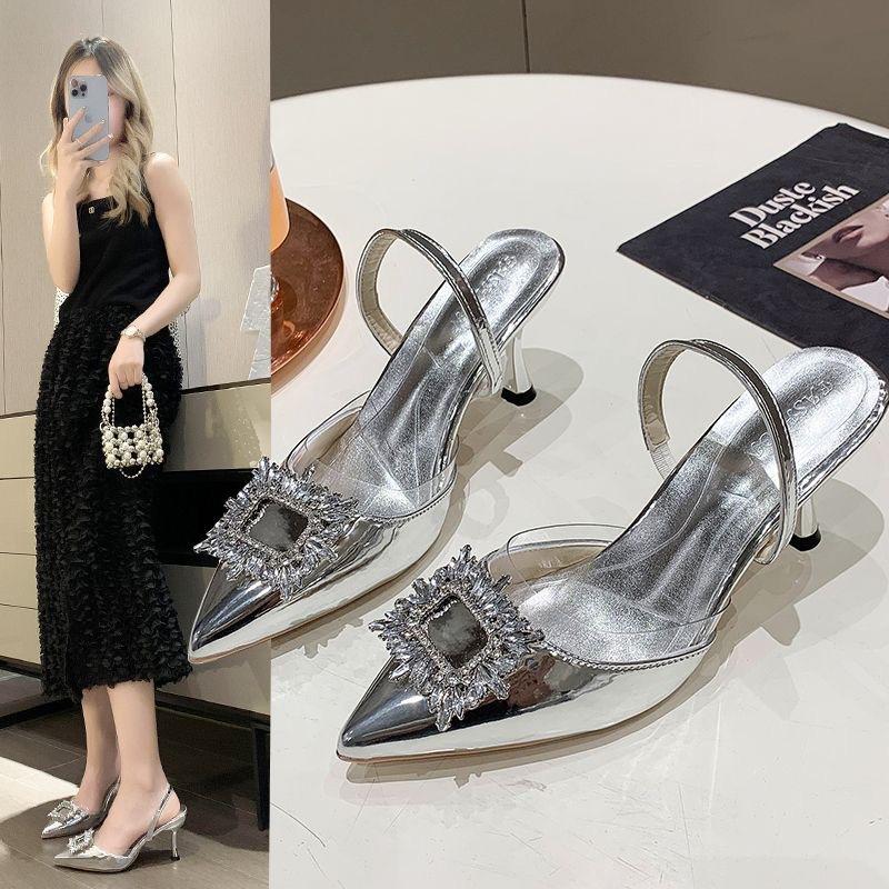 Brand Designer Silver High Heels Sandals Women 2025 Summer Crystal Square Buckle Sandals Woman Pointed Toe Slingbacks Party Shoe