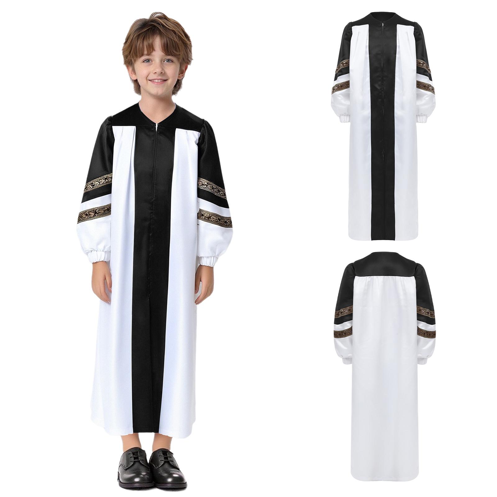 

Kids Halloween Costume Clergy Gown: Color Block Zipper Robe with Embroidered Stripes for Choir Theme Party 5-6 Years чорний