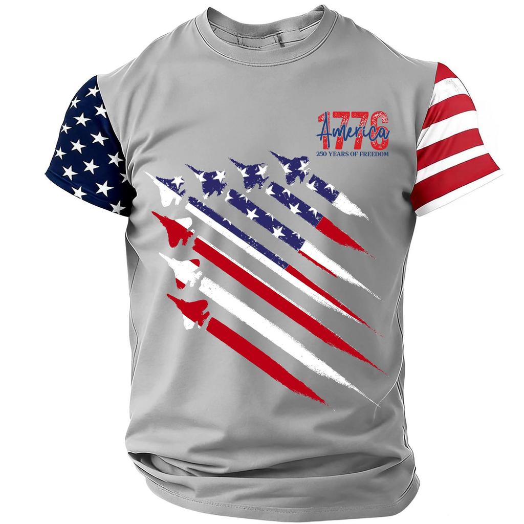 Men's Short Sleeve Crew Neck T-Shirt with Printed Aircraft and Flag Pattern Casual Loose Fit Comfortable Top