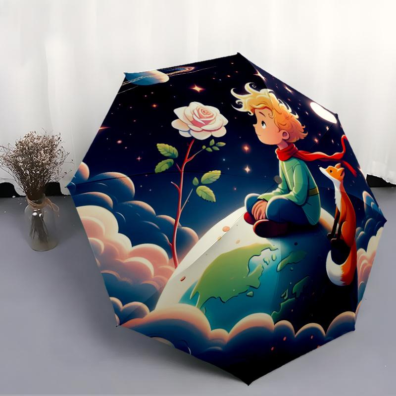 Little Prince Fox Rose Moon Stars Themed Travel Umbrella 8 Ribs Automatic Opening And Closing Durable Folding Design Compact And Stylish Suitable For