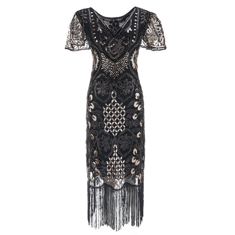 1920s Gatsby Sequined Evening Gown with Tassels