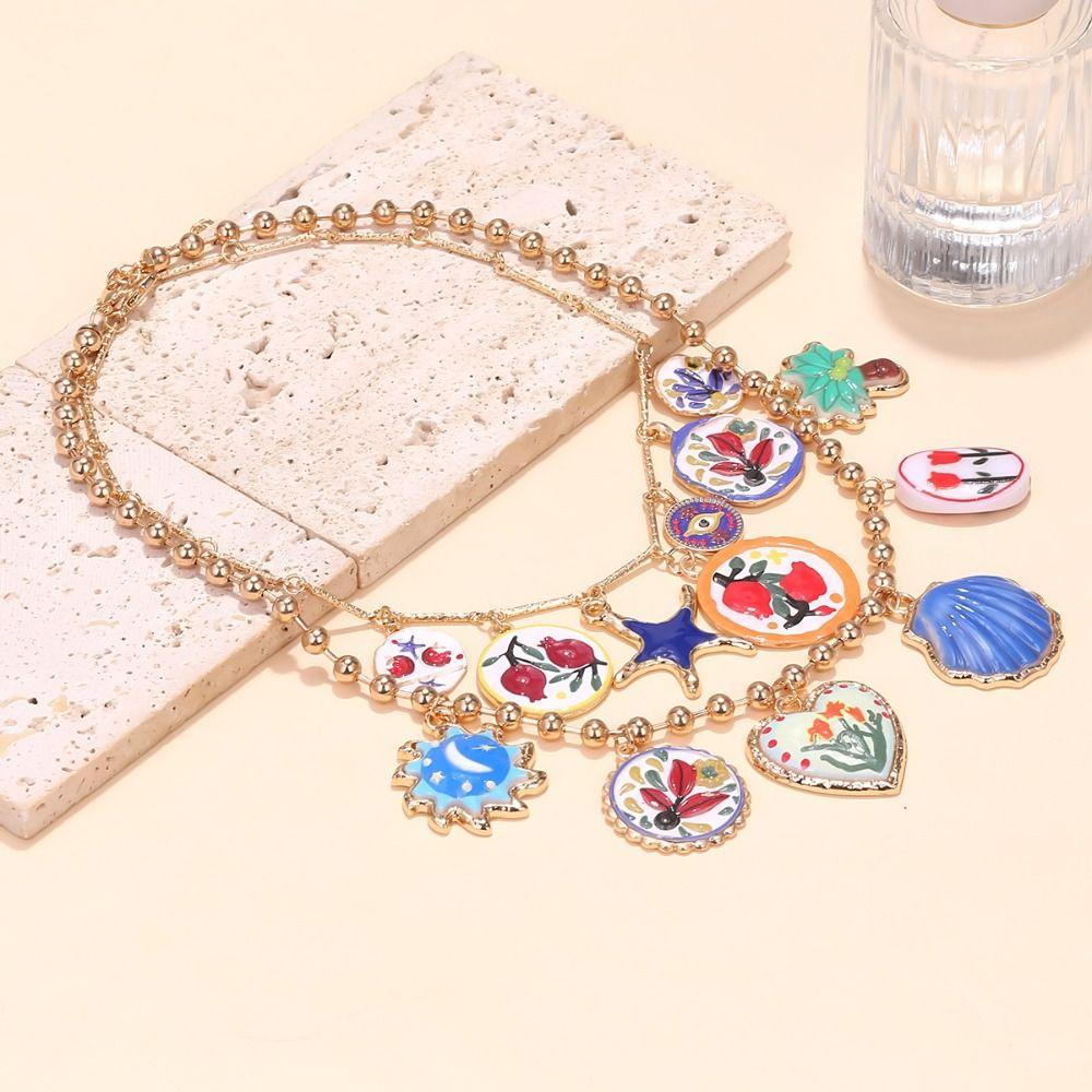 Metal Chain Enamel Floral Necklace Layered Bohemian Collarbone Chain Flower Pendant Necklace Gift
