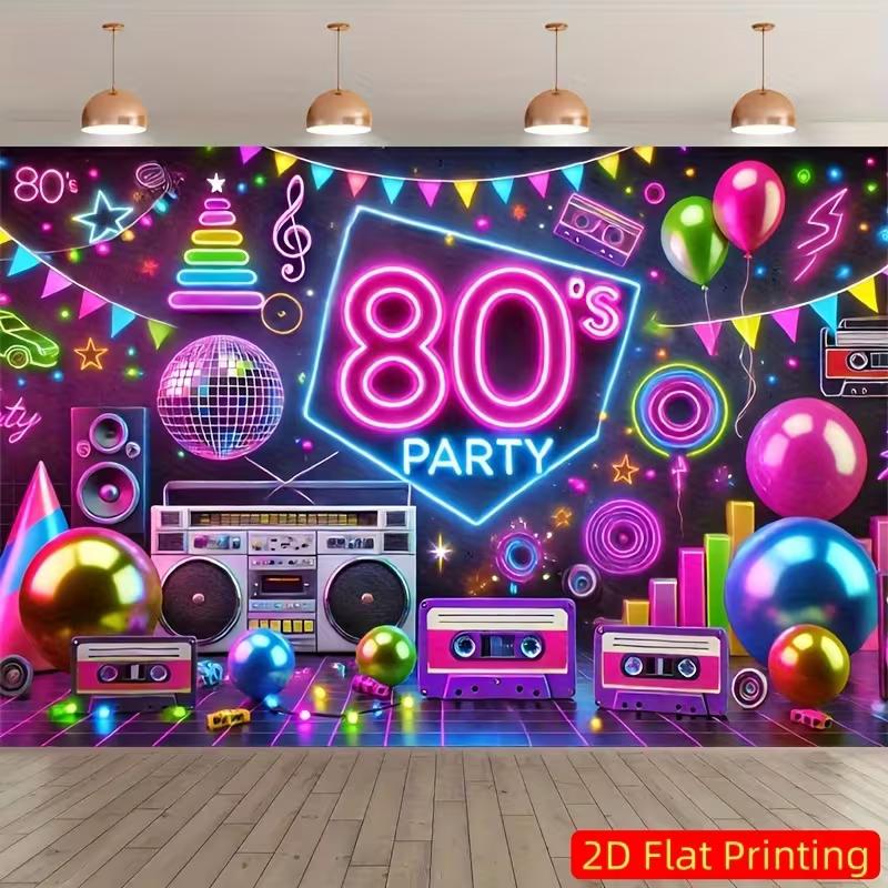 

2D 80s Party Banner, Neon Boombox & Disco Ball Background 47.2x31.5inch/120*80cm