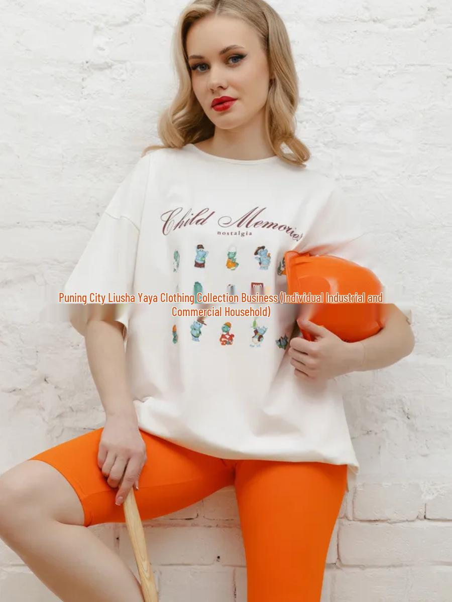 100% Cotton Short Sleeve Chic Hippo Print Casual Loose Slimming T-Shirt M белый