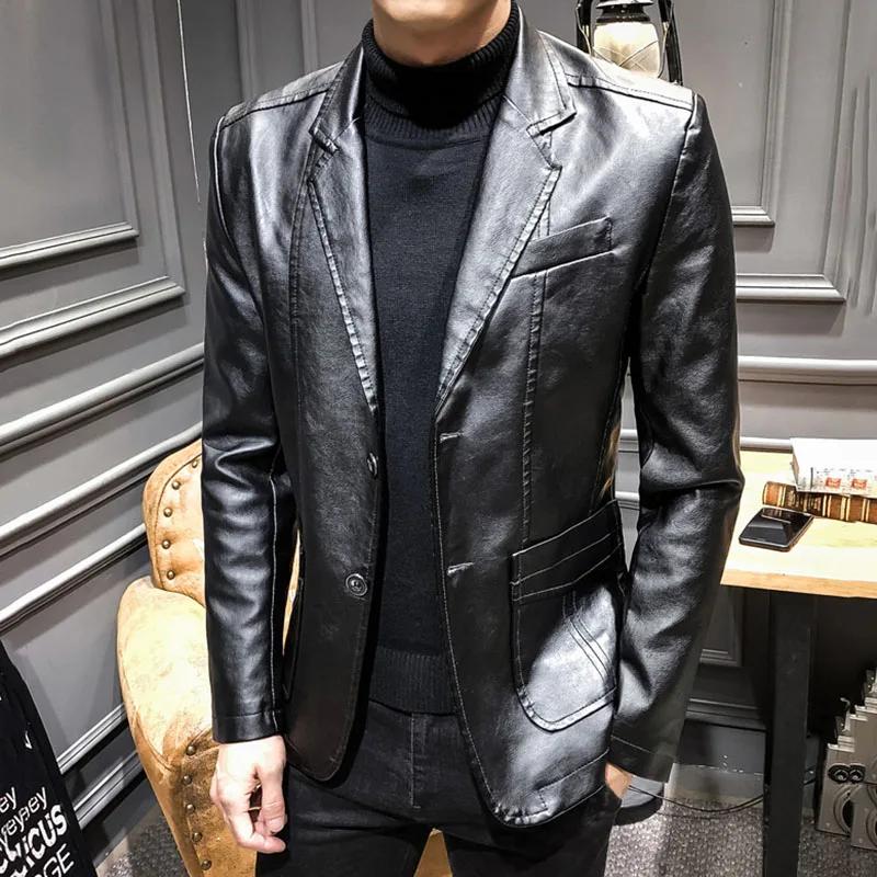 Herren Slim Fit Motorrad PU Lederjacke Einreihiger Businessmantel Modische Streetwear