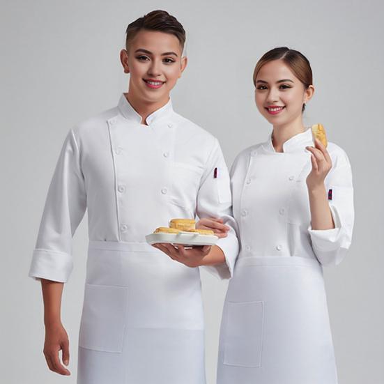 Unisex-Kochuniform mit Brusttasche, Stehkragen, langärmelig, zweireihig, Kochhemd