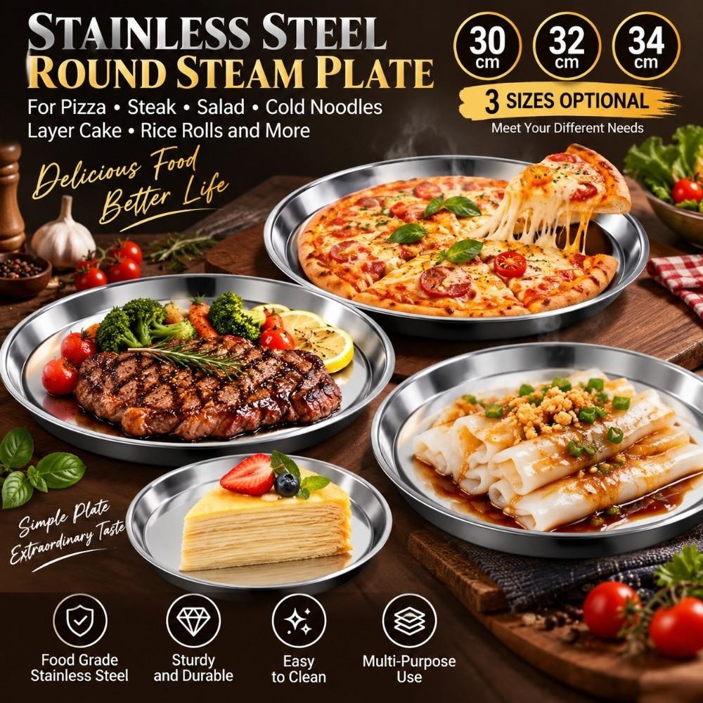 Rustproof Round Plate Shallow Tray Flat Stainless Steel Dining Dish Durable Food Container BBQ