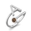 Capital A Initial Letter 3MM Round Smoky Quartz 925 Sterling Silver Women Adjustable Wedding Ring