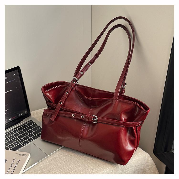 Retro Solid Color Faux Leather Shoulder Bag for Women, Chic Belt Buckle Clutch Handbag, Spacious Daily Commute Tote