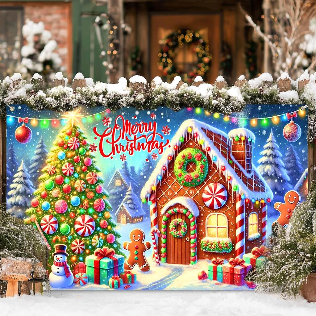 Gingerbread snowman Christmas tree background banner festive winter backdrop for parties photo background wall decoration